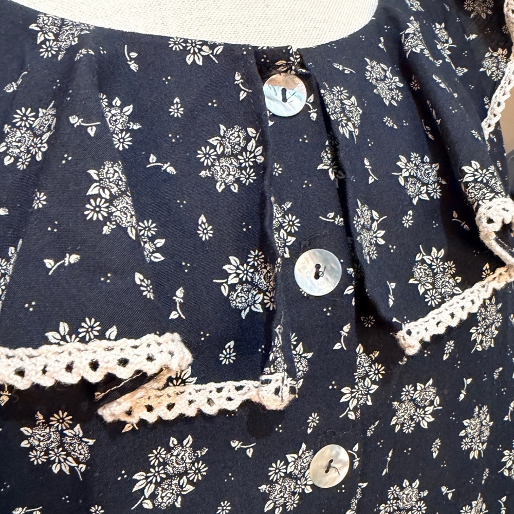Vintage 90s Floral Ruffle Collar Midi Dress Black White Lace Trim Cottagecore  L - Picture 7 of 7